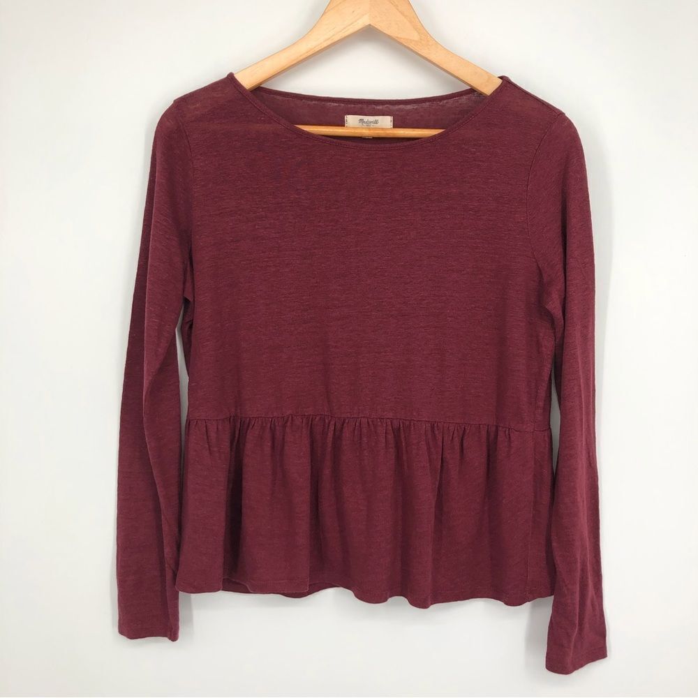 Madewell 100% Linen Tee Womens XS Flare Ruffle‎ Hem Red Burgundy